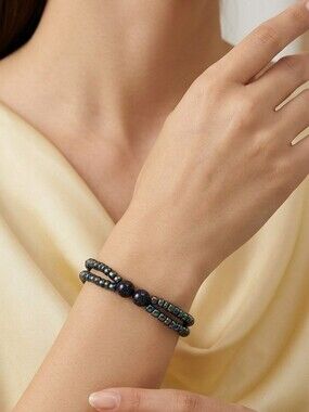 Handcrafted Black Oil-Slick Seed Bead and Blue Sandstone Beaded Bracelet